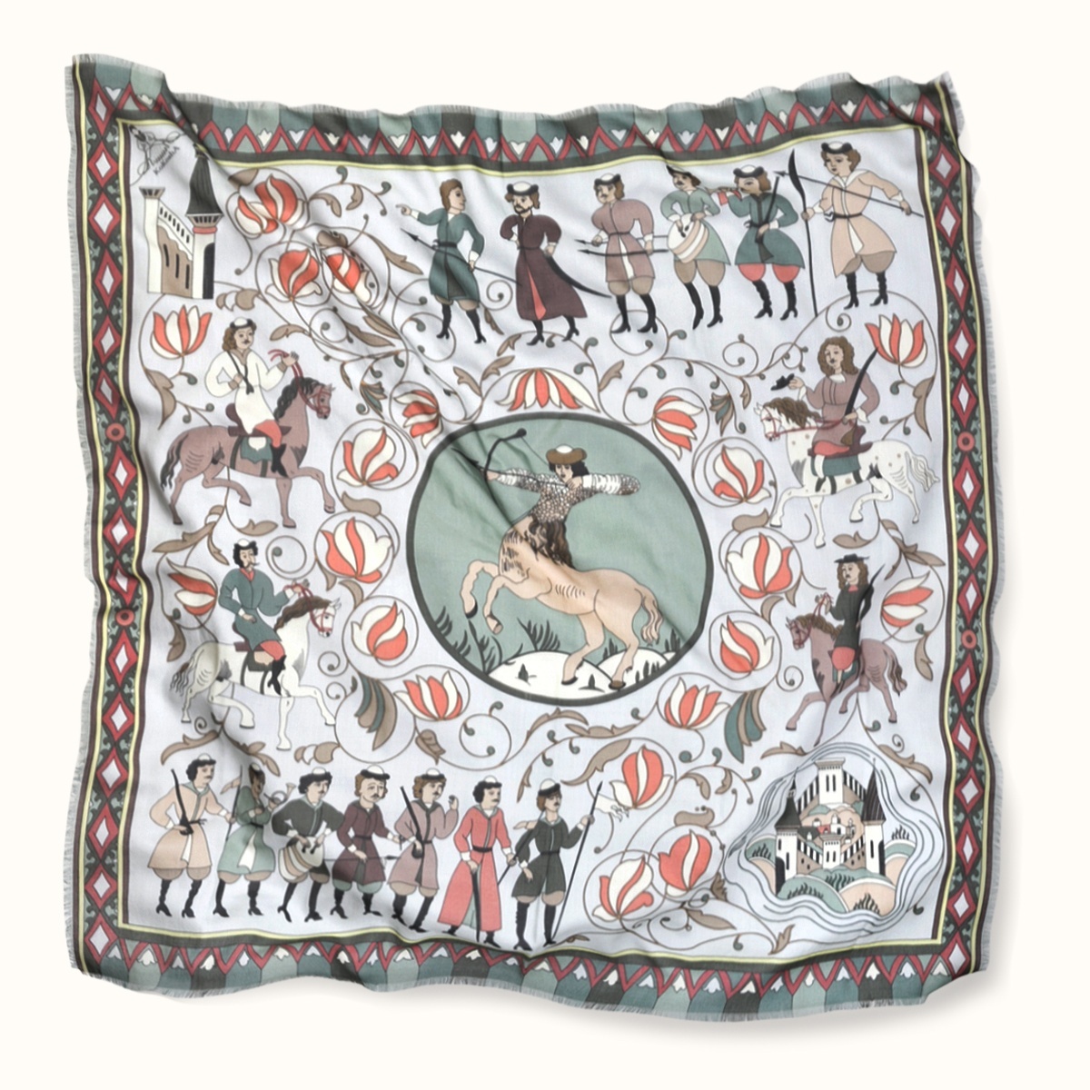 Scarf "POLKAN AND SOLDIERS" cashmere 135x135 on grey background by Kokosha - Shawls