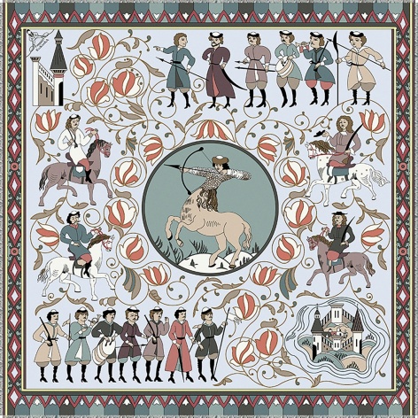 Scarf "POLKAN AND SOLDIERS" cashmere 135x135 on grey background by Kokosha - Shawls