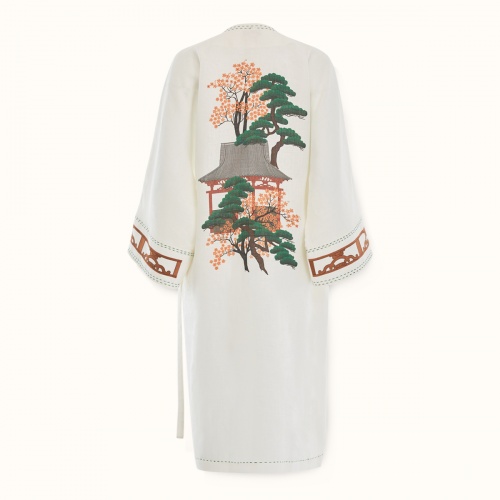 Kimono "SAKURA NO HANA" linen on a white background with print by Kokosha - Kimono