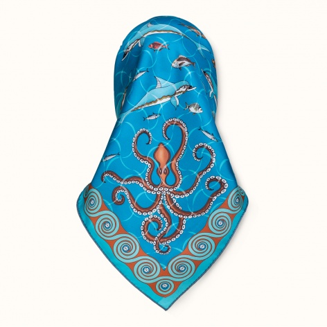 Scarf "MINOAN AQUARIUM" silk 65x65 on a blue background by Kokosha - Scarves