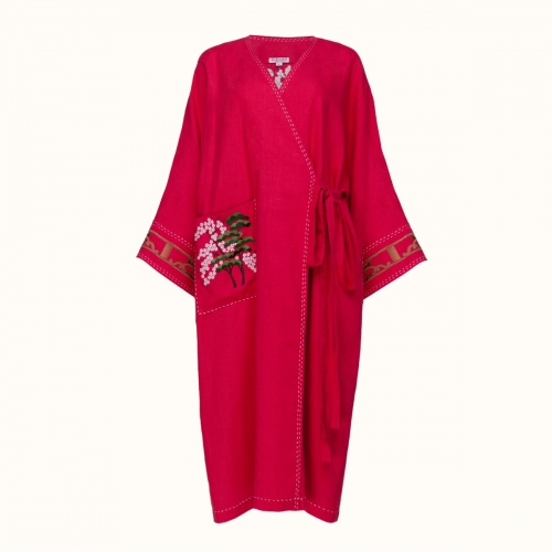 Kimono "SAKURA NO HANA" linen on a red background by Kokosha - Kimono