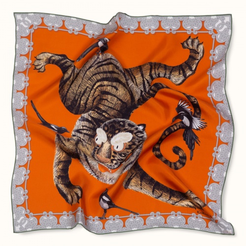 Scarf "TIGER AND MAGPIES" silk 65x65 on a orange background by Kokosha - Scarves