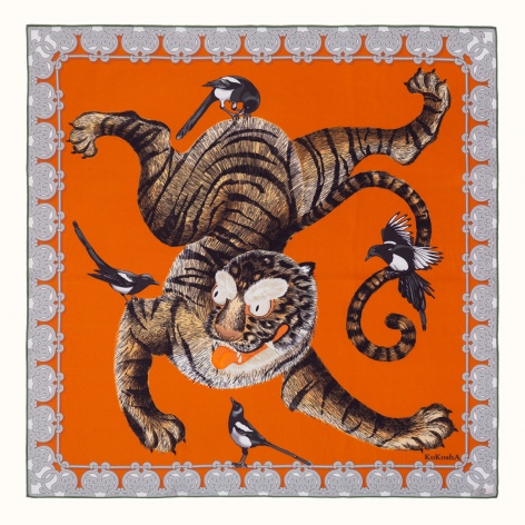 Scarf "TIGER AND MAGPIES" silk 65x65 on a orange background by Kokosha - Scarves