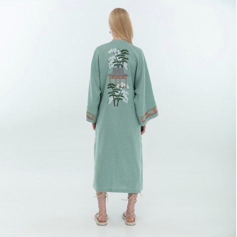 Kimono "SAKURA NO HANA" linen on a turquoise background by Kokosha - Kimono