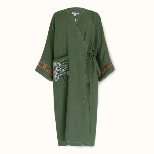 Kimono "SAKURA NO HANA" linen on a green background by Kokosha - Kimono