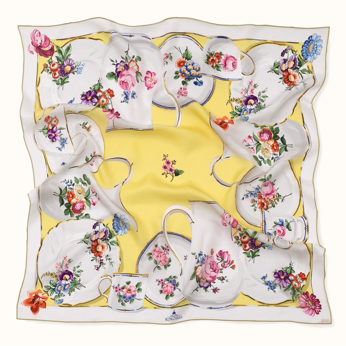 Scarf "PORCELAIN" silk 90x90 on a yellow background by Kokosha - Scarves