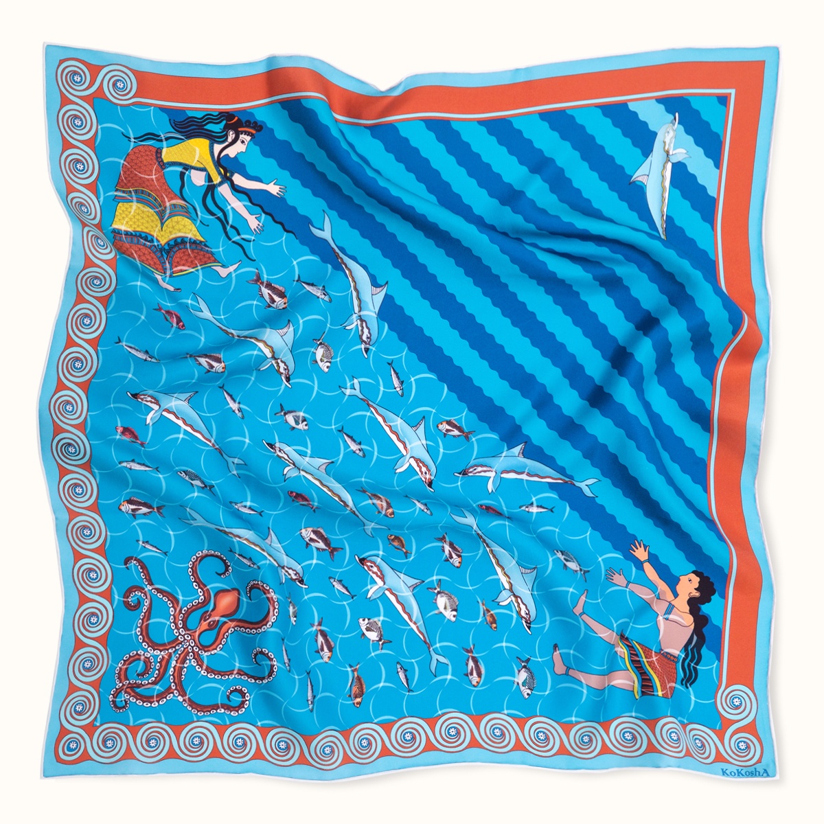 Scarf "MINOAN AQUARIUM" silk 65x65 on a blue background by Kokosha - Scarves