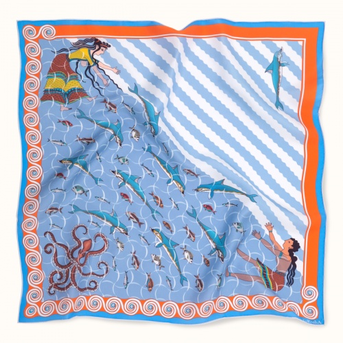 Scarf "MINOAN AQUARIUM" silk 65x65 on a light blue background by Kokosha - Scarves