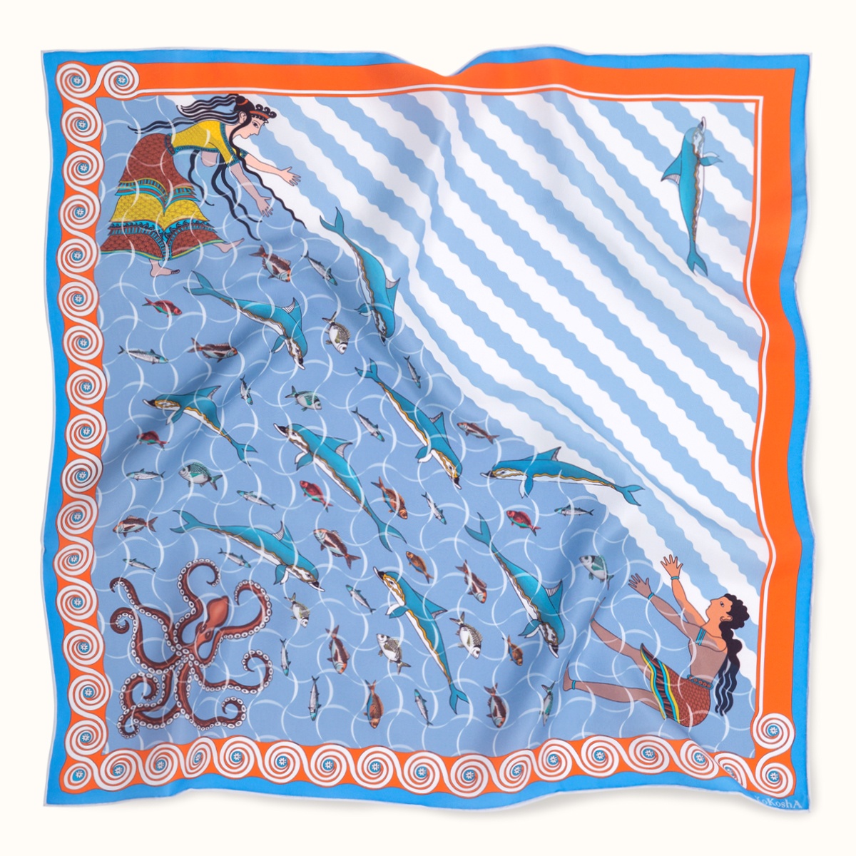 Scarf "MINOAN AQUARIUM" silk 65x65 on a light blue background by Kokosha - Scarves