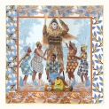 Scarf "IKOKU DANCE"  silk 90x90 on a blue background