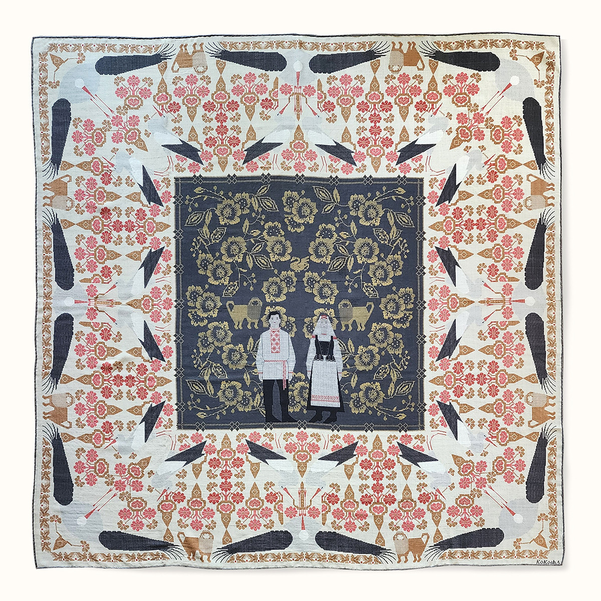 Shawl "STORKS" wool 135x135 on a light background
